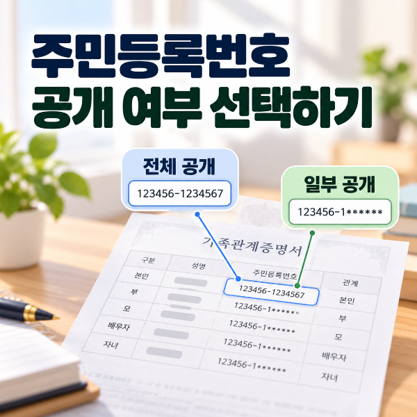 가족관계증명서 발급 시 주민등록번호 뒷자리의 전체 공개 또는 일부 공개 여부를 선택하는 방법을 안내하는 이미지