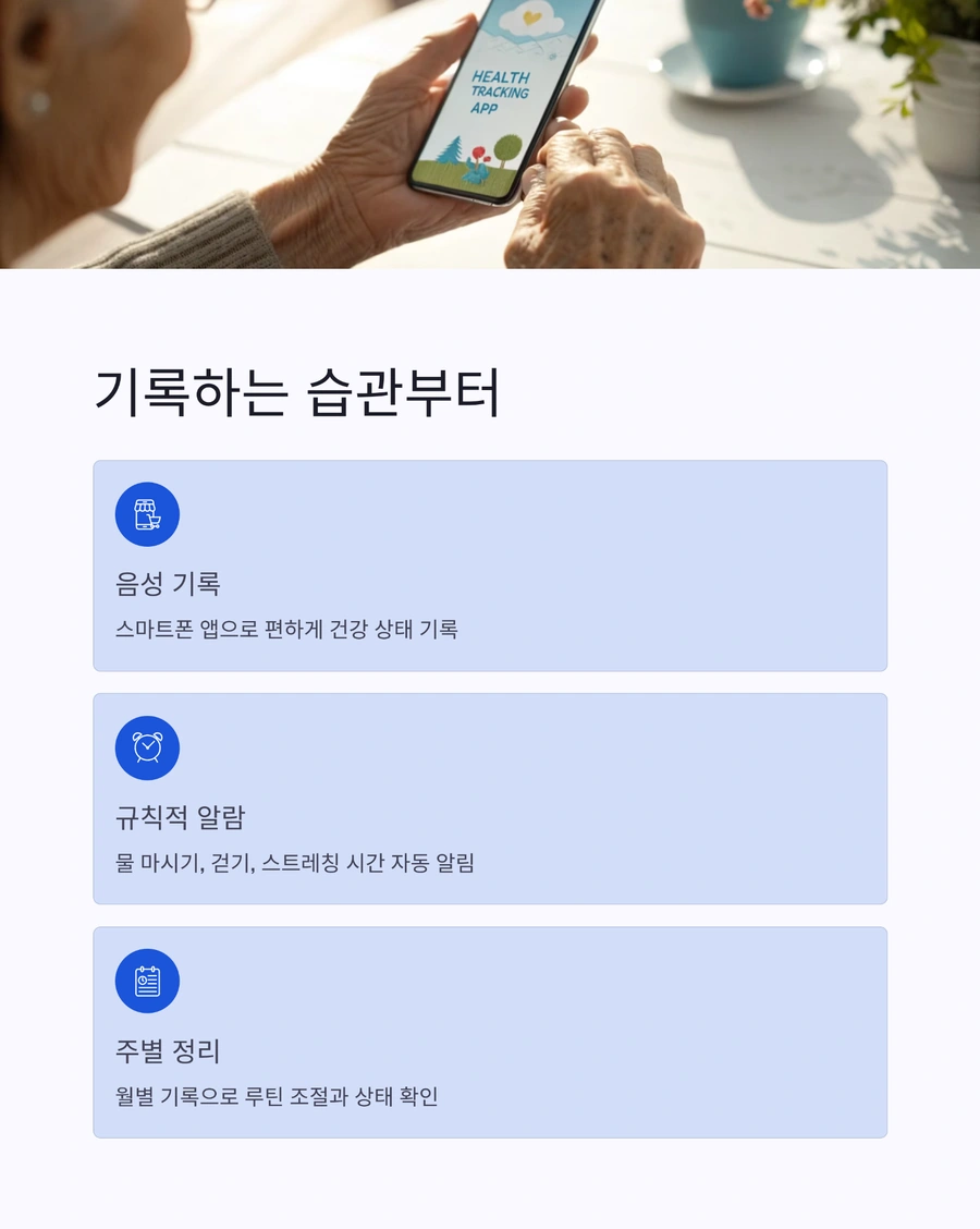 시니어가 스마트폰 건강 기록 앱을 사용하는 장면