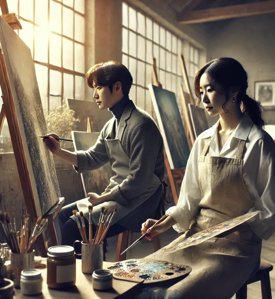 작업실에서 그림을 그리는 화가