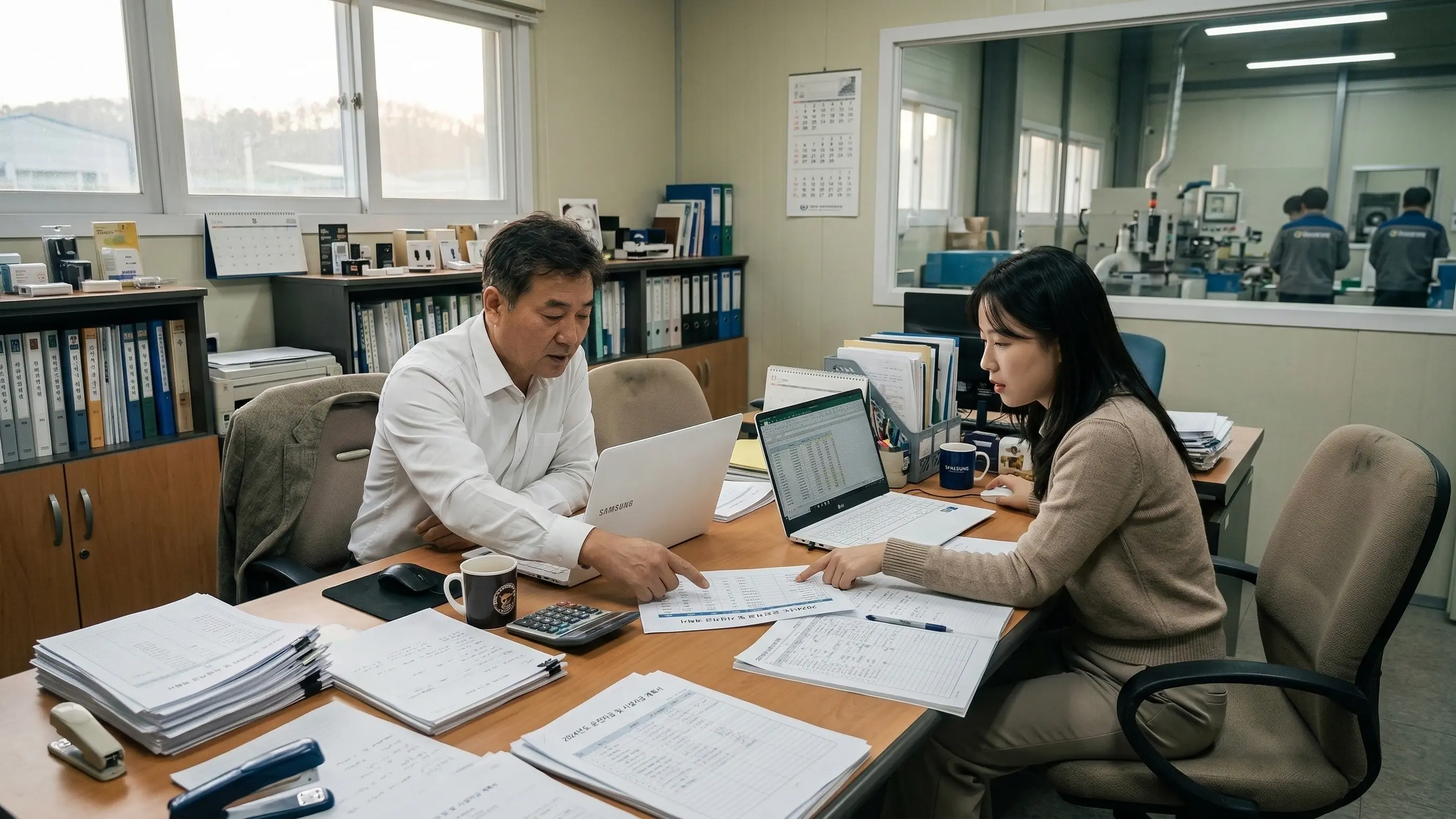 중소기업 대표와 직원이 정책자금 종류를 확인하는 이미지