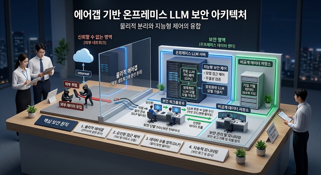 기업의 민감한 데이터를 안전하게 보호하는 에어갭 기반의 온프레미스 LLM 서버 아키텍처를 표현