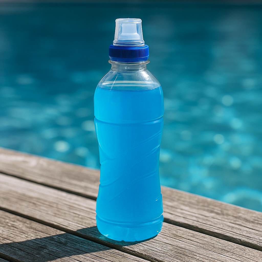 여름철 더위 속, 테이블 위에 투명한 스포츠 음료와 얼음, 수건이 놓인 장면. 전해질 음료의 실사 이미지