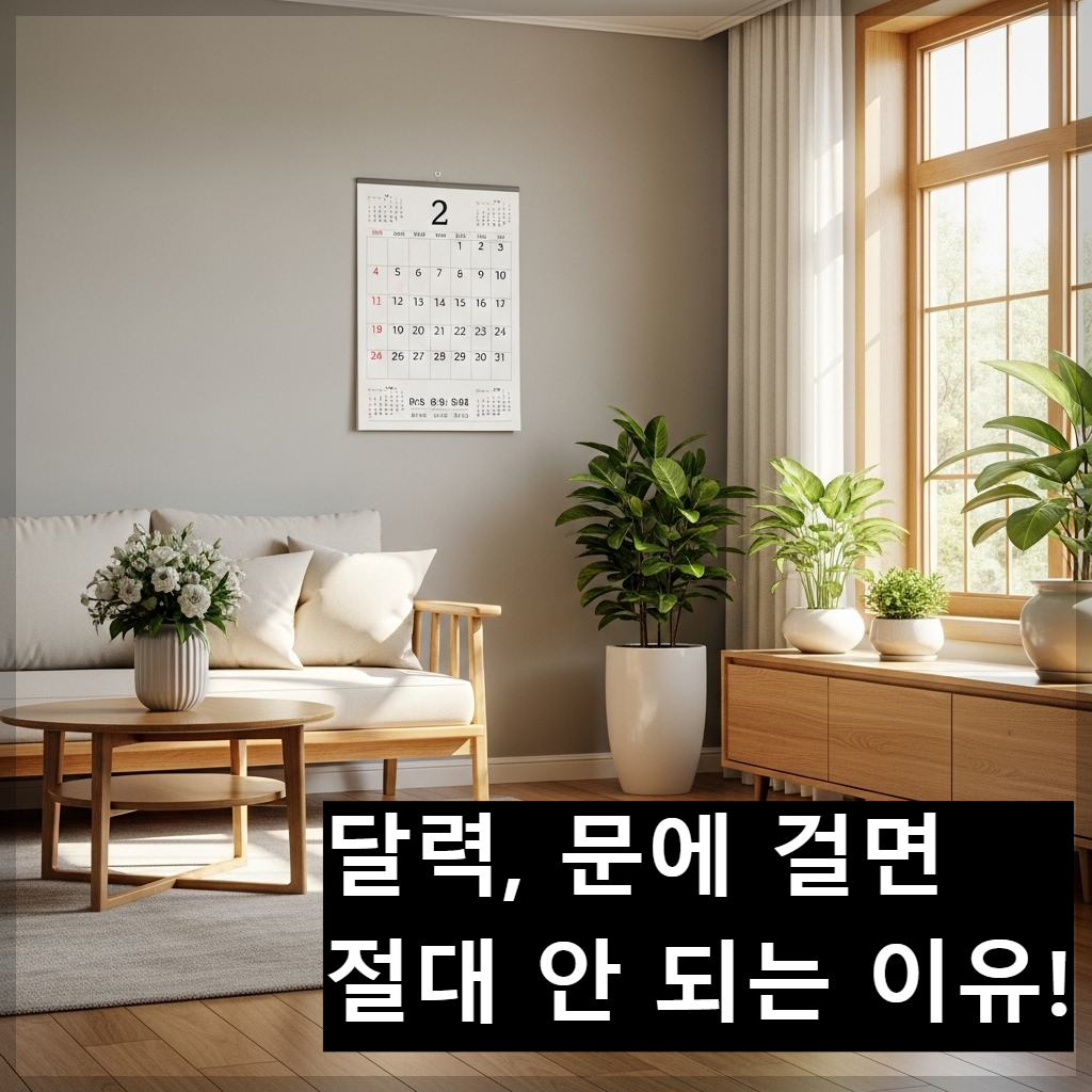 한국식 아파트 거실 벽면에 깔끔한 달력이 안정적으로 걸려 있고 햇살이 비치는 풍수적으로 좋은 인테리어 예시