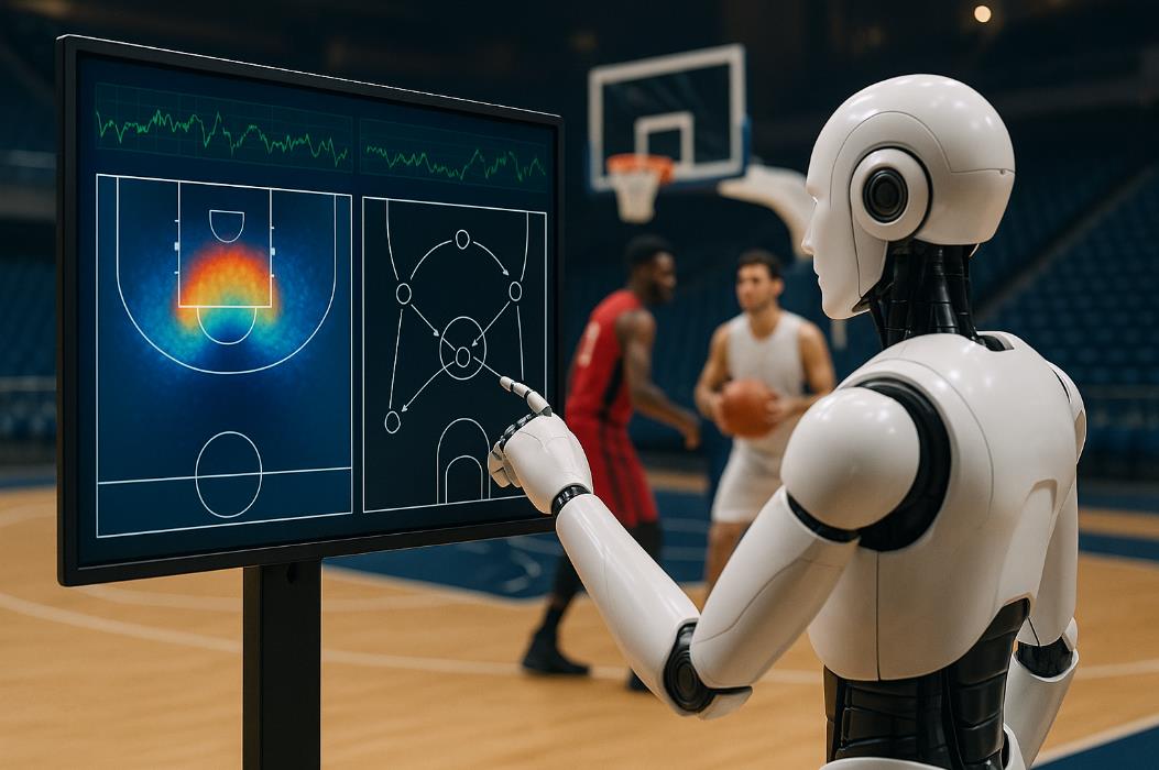 AI 로봇이 농구 경기에서 특정 구간의 슛 성공률을 분석해 전술적 포메이션을 제시하는 모습
