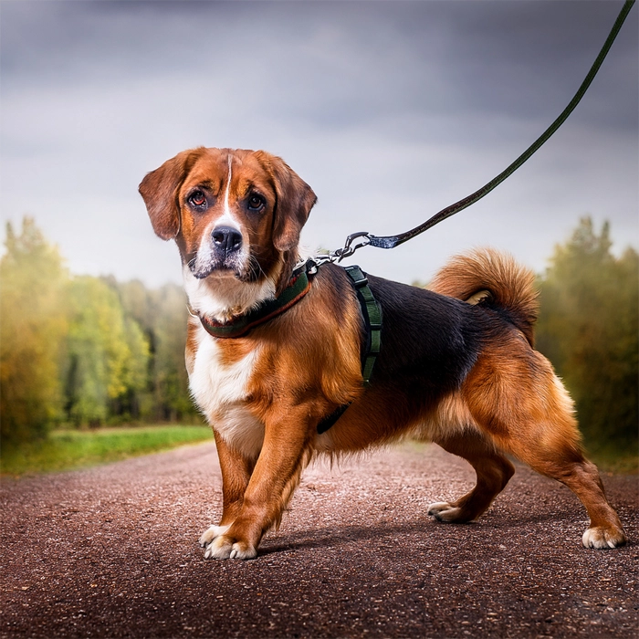 강아지가 목줄을 차고 있는 사진1