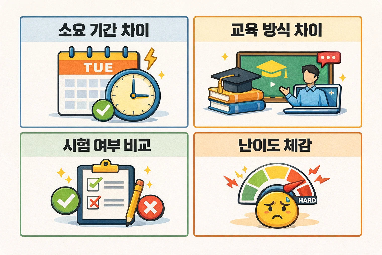 사회복지사 2급 이후 요양보호사 과정에서 달라지는 교육 방식과 시험 응시 필요 여부를 비교해 정리한 이미지입니다