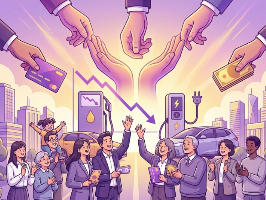 고유가 피해지원금을 통해 안정된 생활을 되찾은 다양한 계층의 사람들이 환하게 웃고 있는 모습