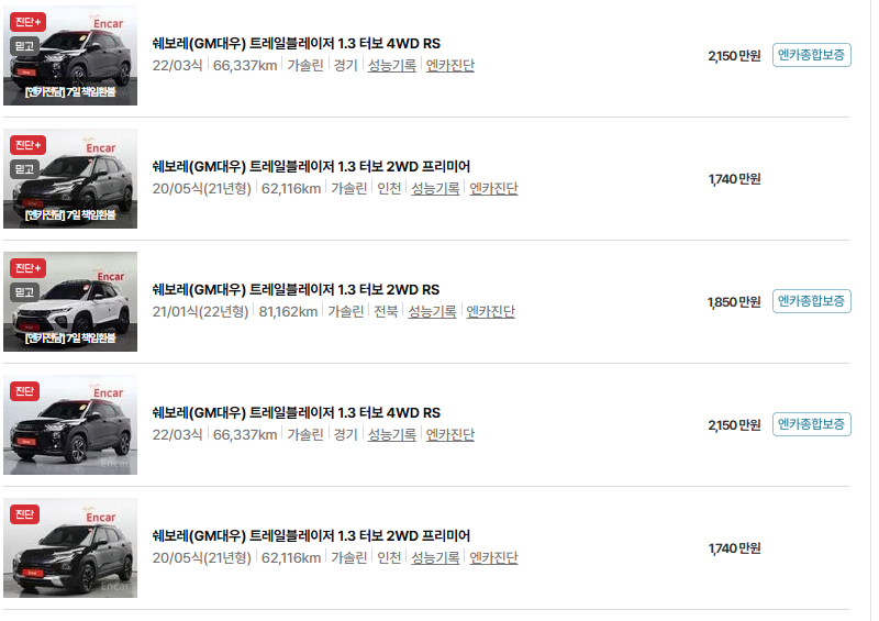 쉐보레 트레일블레이저 중고차 가격 시세표 유지비