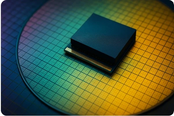 반도체 웨이퍼 위에 올려진 HBM 메모리 모듈