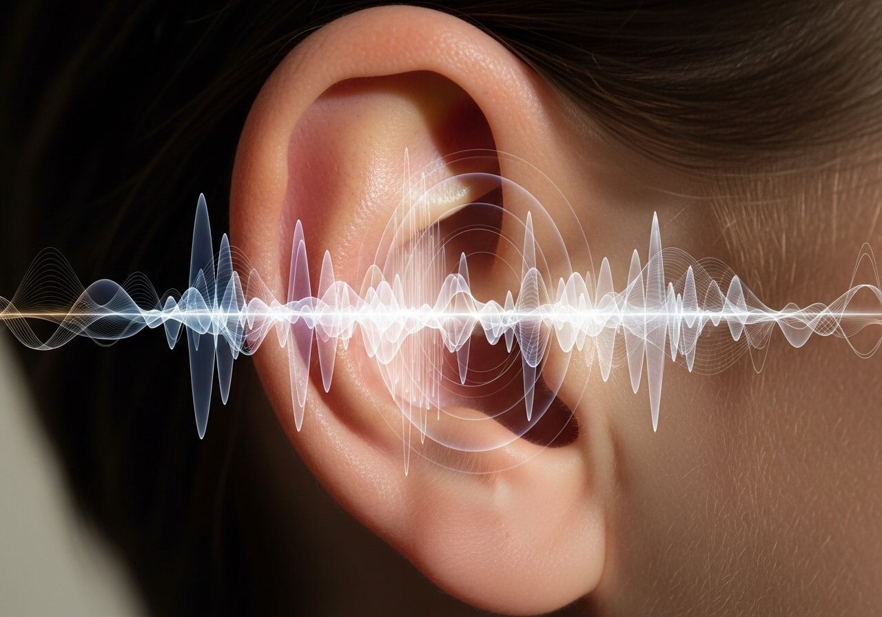 귀 주변에서 소리 파형이 퍼지는 이명 개념 이미지