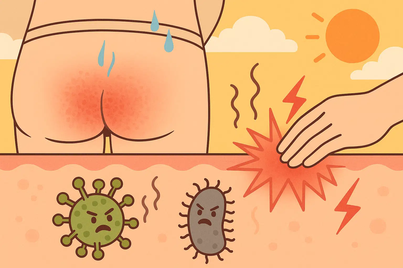 항문 주위 피부 붉어짐과 화끈거림 표현, 곰팡이균·세균 캐릭터 아이콘, 습한 여름철 땀으로 피부 장벽 약화되는 장면