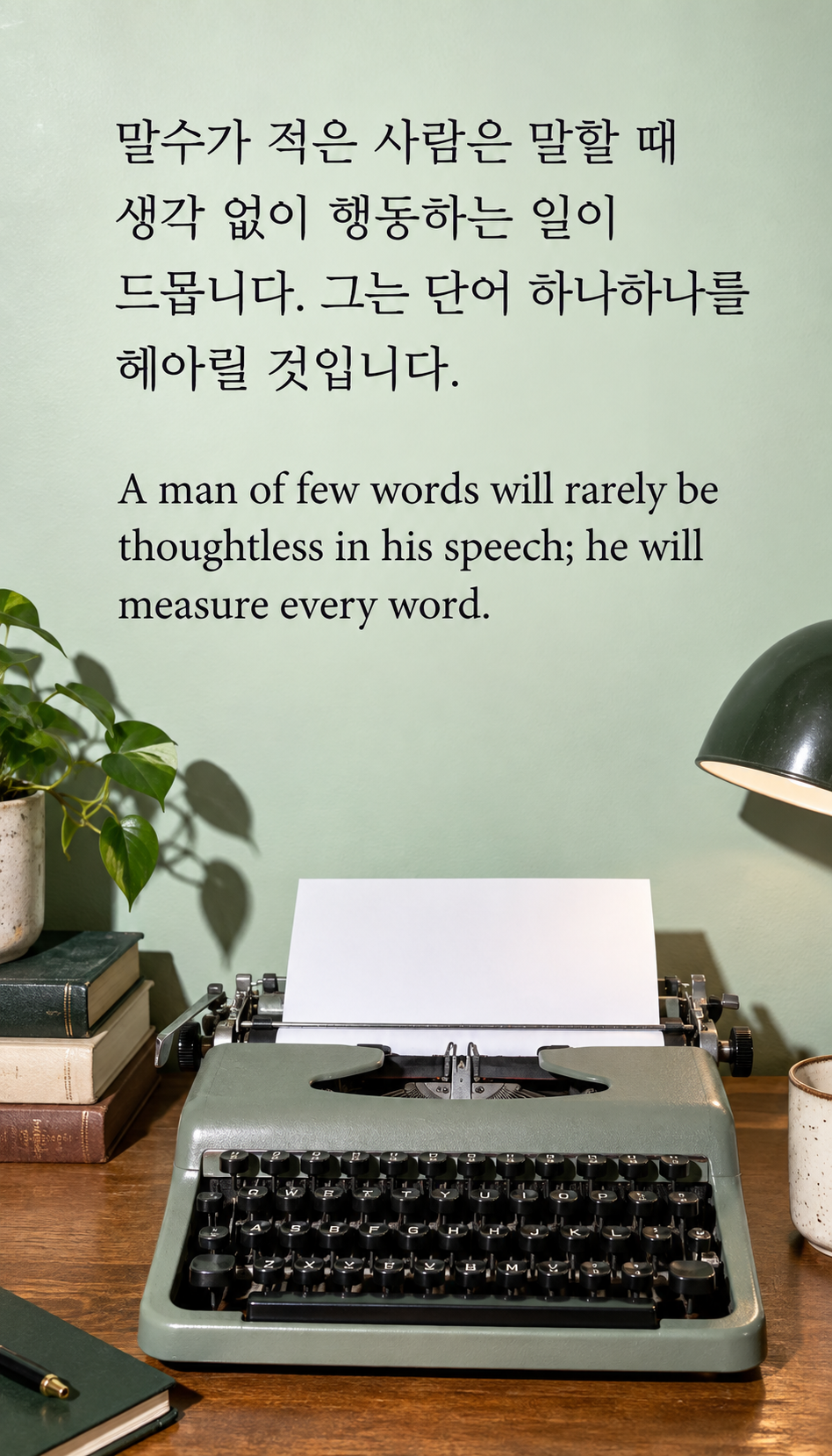말수가 적은 사람은 말할 때 생각 없이 행동하는 일이 드뭅니다. 그는 단어 하나하나를 헤아릴 것입니다. &mdash; 빈 종이를 끼운 타자기, 온카메라 플래시 스냅샷