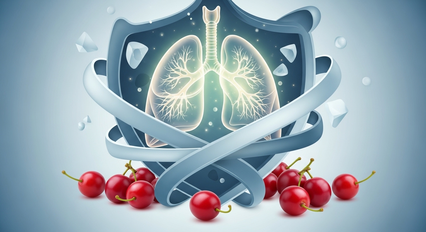 건강한 폐를 상징하는 이미지와 오미자 열매가 어우러져 폐 기능 강화 효능을 시각적으로 나타냅니다.