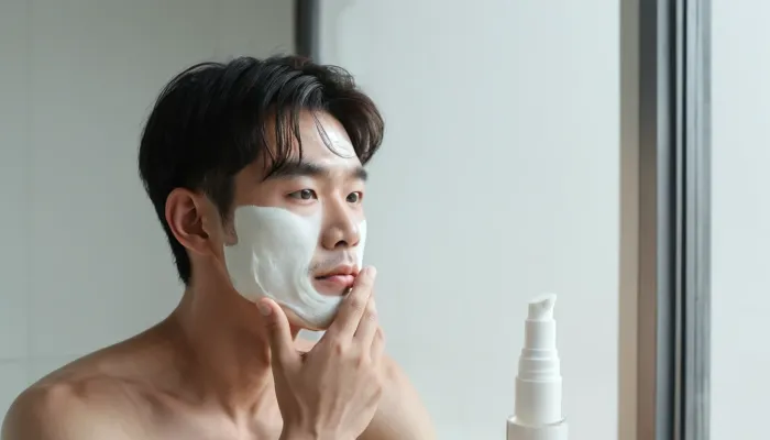 마데카 크림을 샤워 후 사용하는 남성의 모습