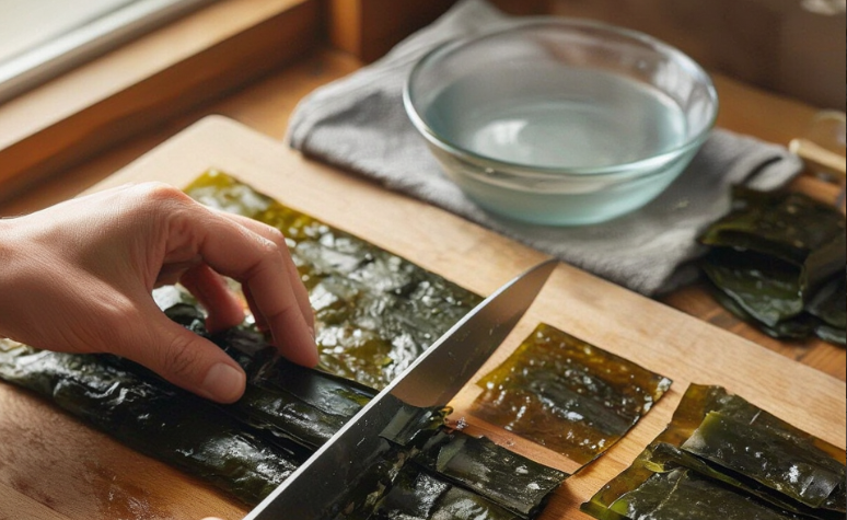 염분 제거 후 다시마를 도마 위에서 쌈으로 싸기 좋은 크기로 가지런히 썰고 있는 모습.