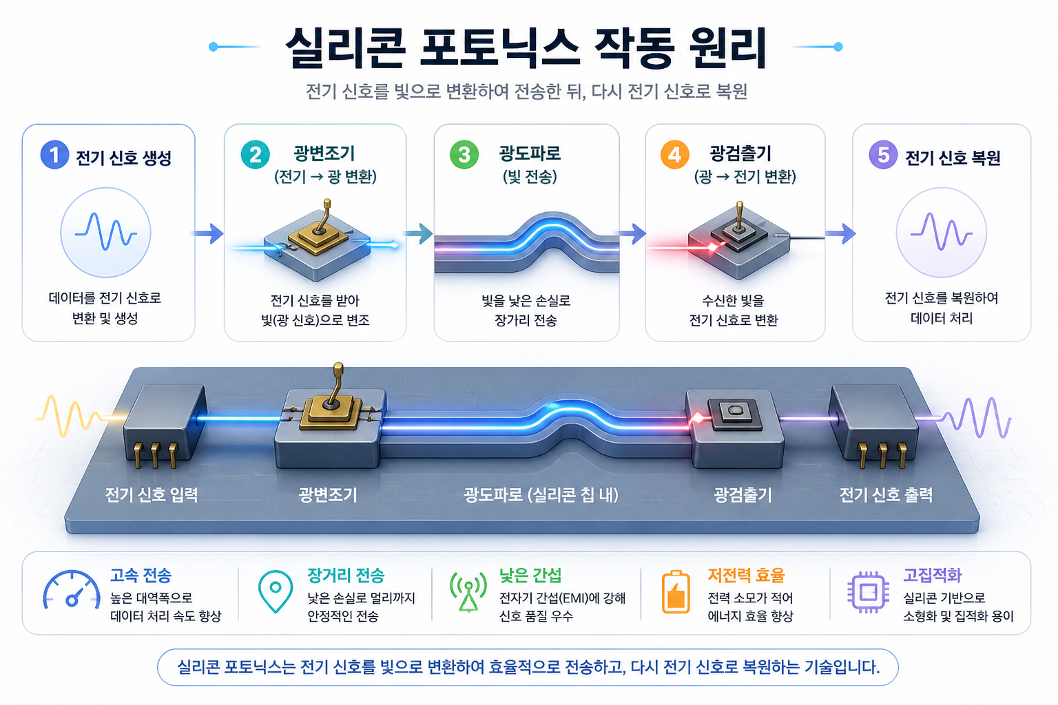 실리콘 포토닉스의 작동 원리를 보여주는 단계별 구조도