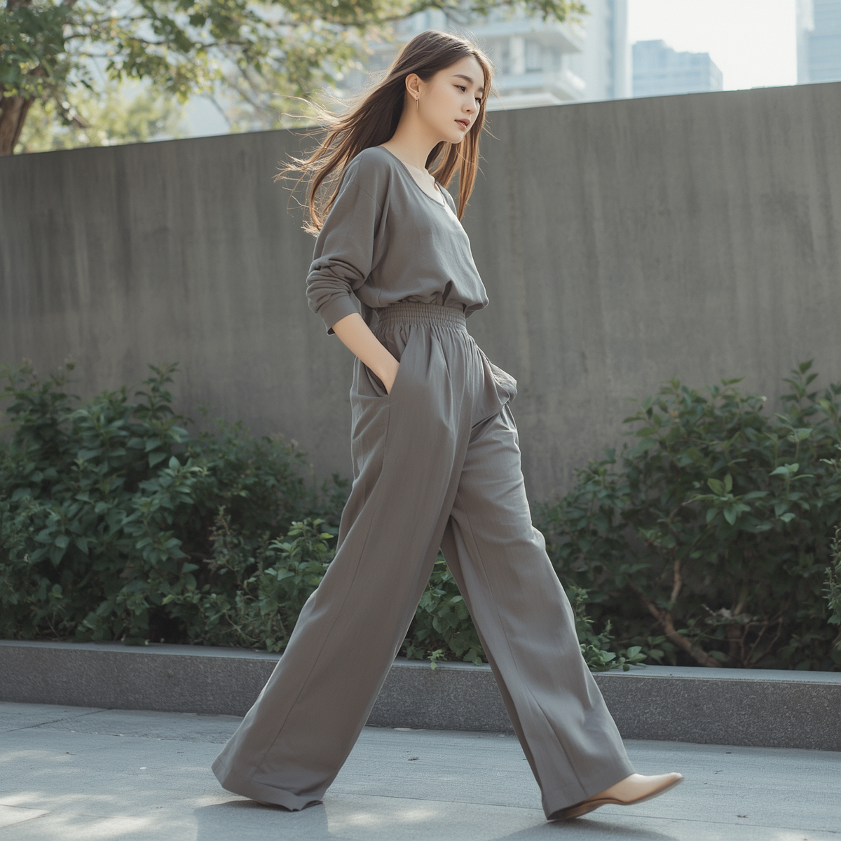 Korean woman walking in wide leg linen trousers and a loose fitted top, natural breeze effect on fabric, outdoor urban summer background, soft natural lighting, full body shot