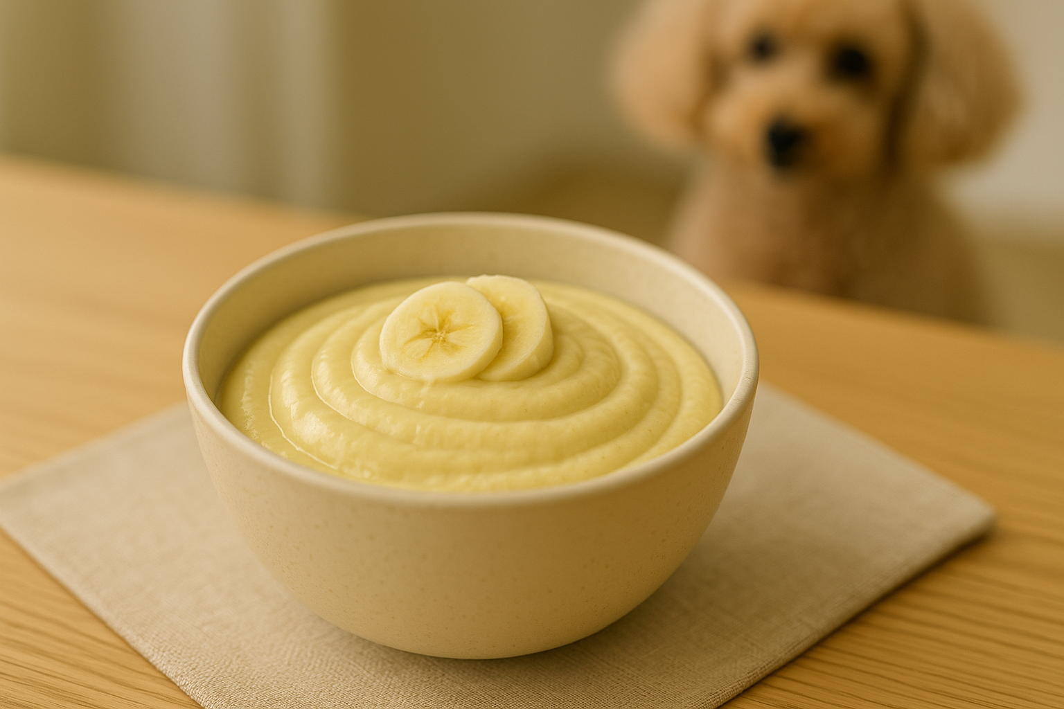 옅은 노란색의 바나나 요거트 무스가 작은 베이지 그릇에 담겨 있다. 잘 익은 바나나와 무가당 플레인 요거트를 곱게 갈아 공기감 있는 크리미한 질감이 살아 있으며, 소화가 예민한 노령견을 위한 부드러운 간식임을 보여준다.
