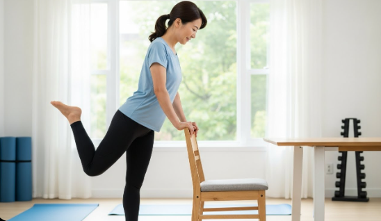 50대 한국 여성이 의자를 잡고 서서 발뒤꿈치를 높이 드는 운동