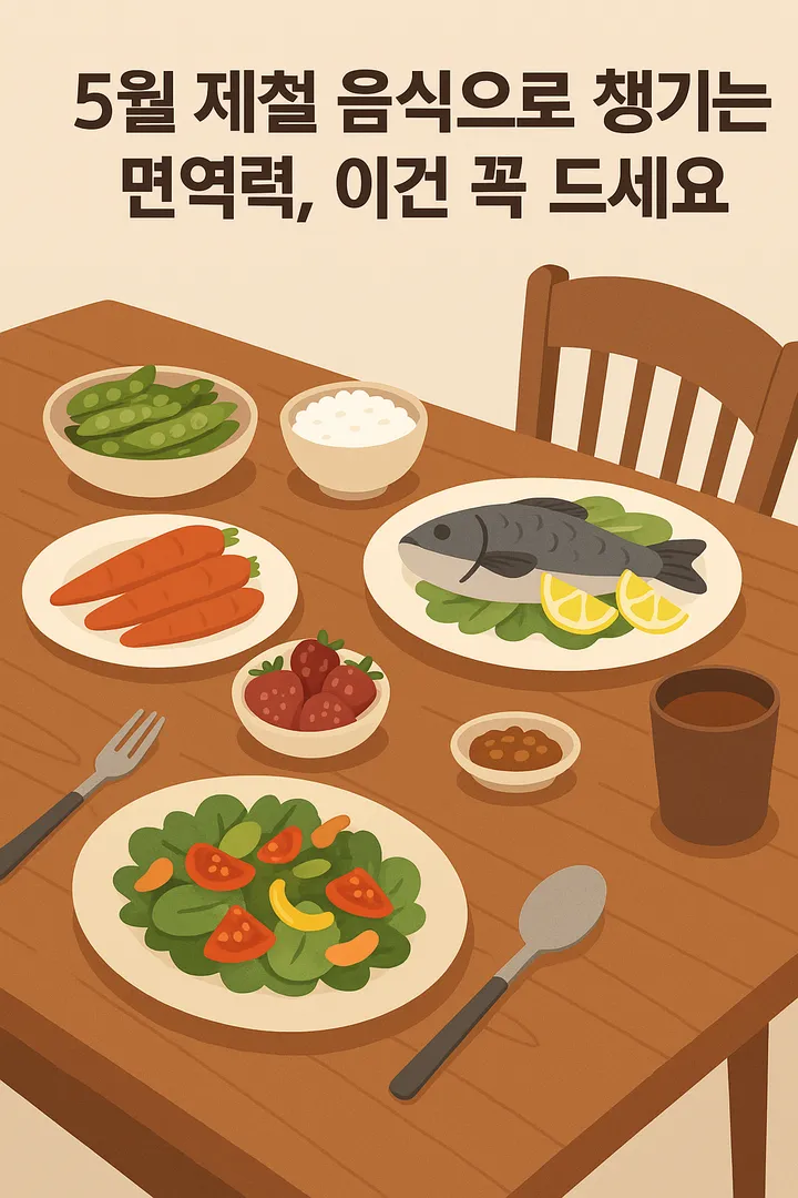 한 상 가득 5월 제철 음식이 차려진 따뜻한 식탁 장면