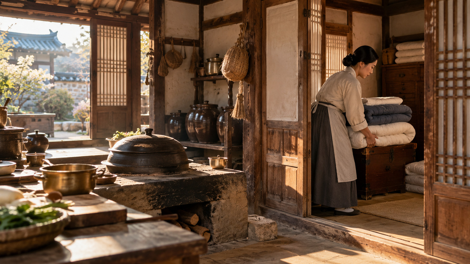 옛 부엌 옆 작은 방에서 여성이 이부자리를 정돈하는 모습으로 숙식하며 일하던 생활을 재구성한 이미지