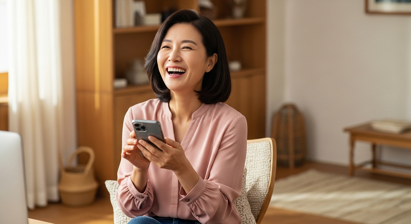 50대 한국인 여성 집무실에서 스마트폰 들고 웃는 장면