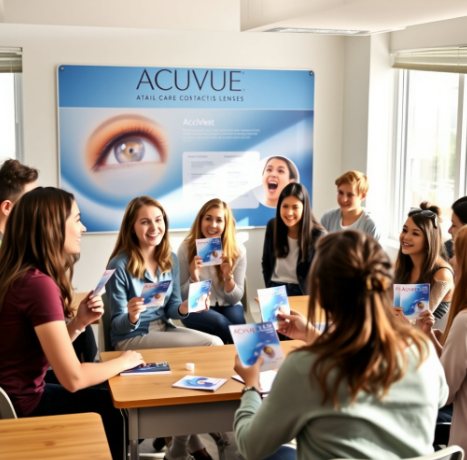 콘텍트 렌즈 회사 홍보물을 보고 있는 학생들 사진