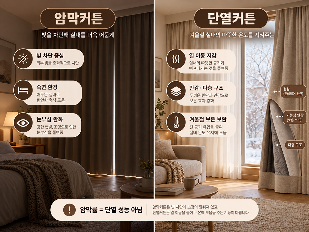 암막커튼과 단열커튼의 기능을 비교한 이미지. 암막커튼은 외부 빛 차단과 눈부심 감소에 중점을 두고, 단열커튼은 기능성 안감과 다층 구조를 통해 겨울철 창문의 열손실을 줄이는 원리를 설명한 인포그래픽