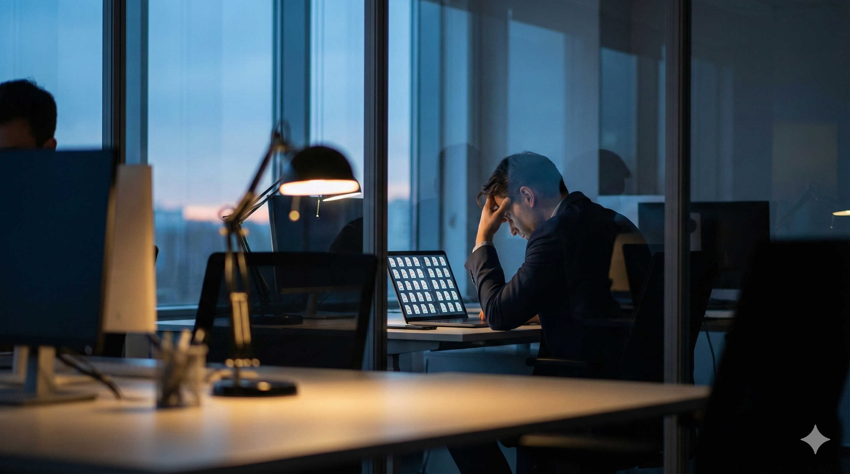 늦은 오후 사무실에서 산더미 같은 리서치 자료를 앞에 둔 직장인의 고민과 제미나이 3 활용의 필요성