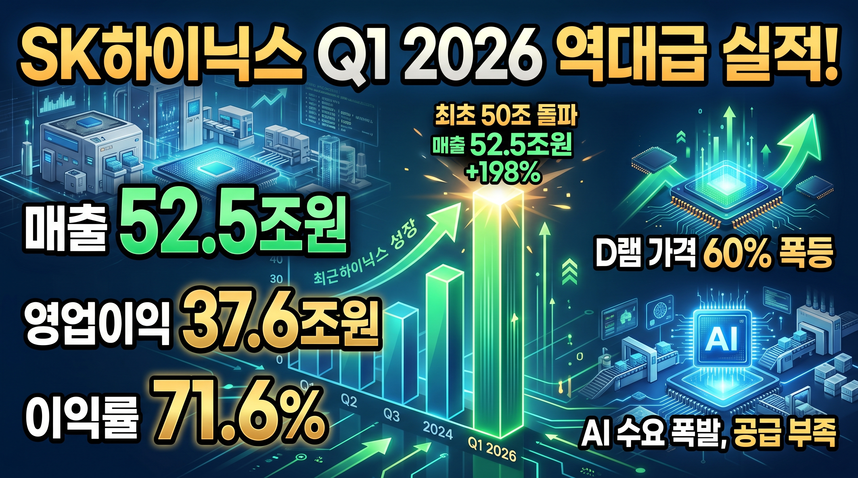 SK하이닉스 2026년 1분기 극도 호황: 매출 52조원(+198%), 영업이익 37조원, 이익률 71.6%, 순현금 35조원. D램 가격 60% 인상, AI 수요 폭증, 공급 부족