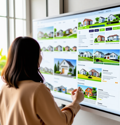 화면을 통해 부동산 매물을 찾고 있는 여성