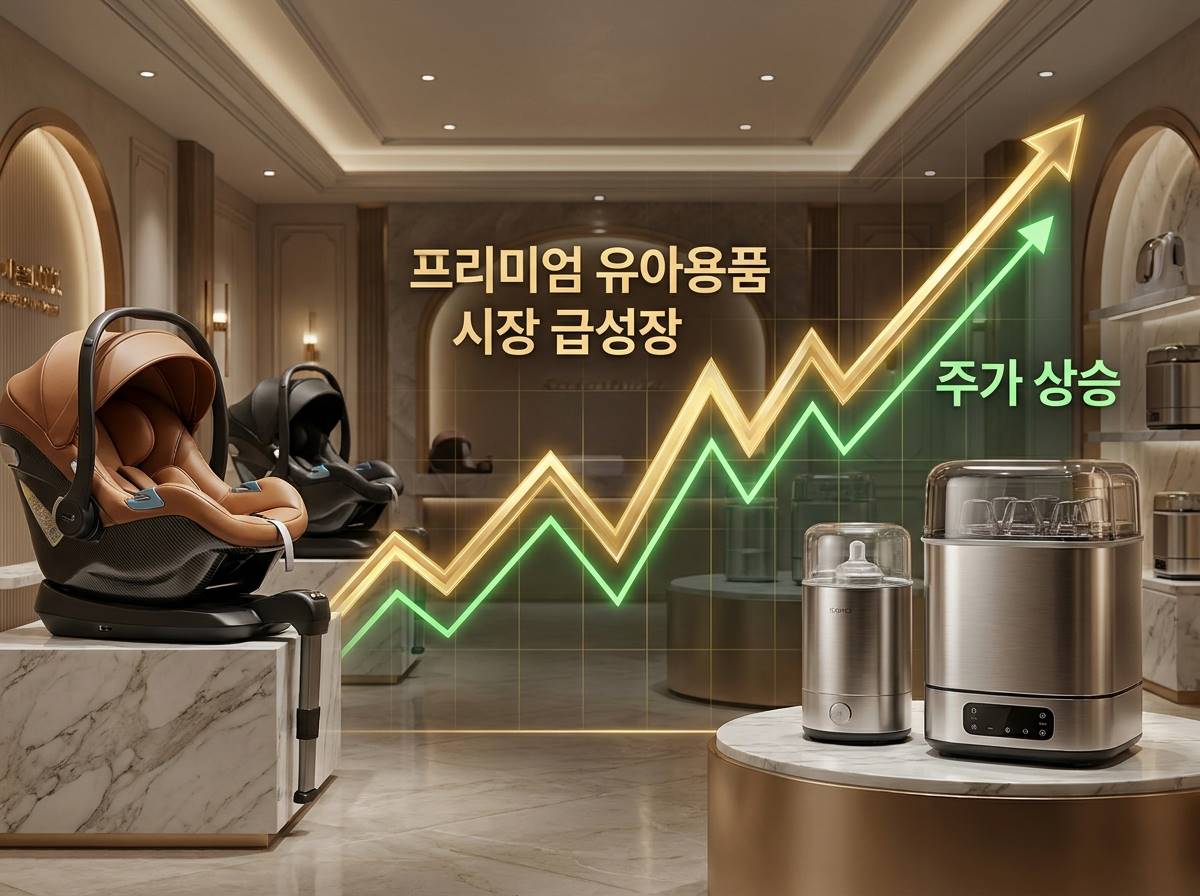 고급스러운 유아용 카시트와 젖병 소독기가 진열된 프리미엄 쇼룸 배경에 상승하는 주가 그래프가 겹쳐진 세련된 이미지