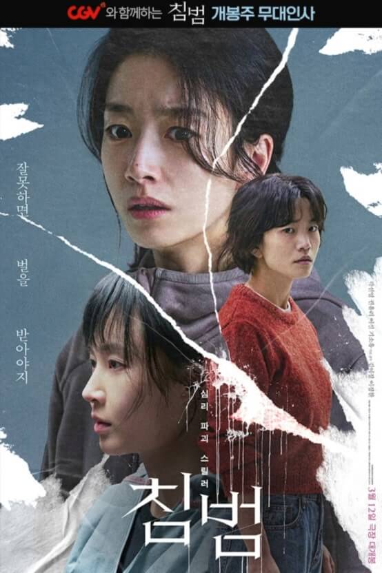 영화 🎬《침범》공식 포스터 : 중앙에 주인공 세 명이 찢어진 듯한 콜라주 형식으로 배치되어 있으며, 각각 다른 감정 상태와 방향을 응시하는 장면