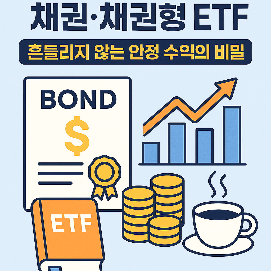 채권과 채권형 ETF의 안정적인 수익 구조를 표현한 썸네일 – 채권 증서, 이자 그래프, 미국 달러, 금리 아이콘이 포함된 플랫 스타일 금융 일러스트