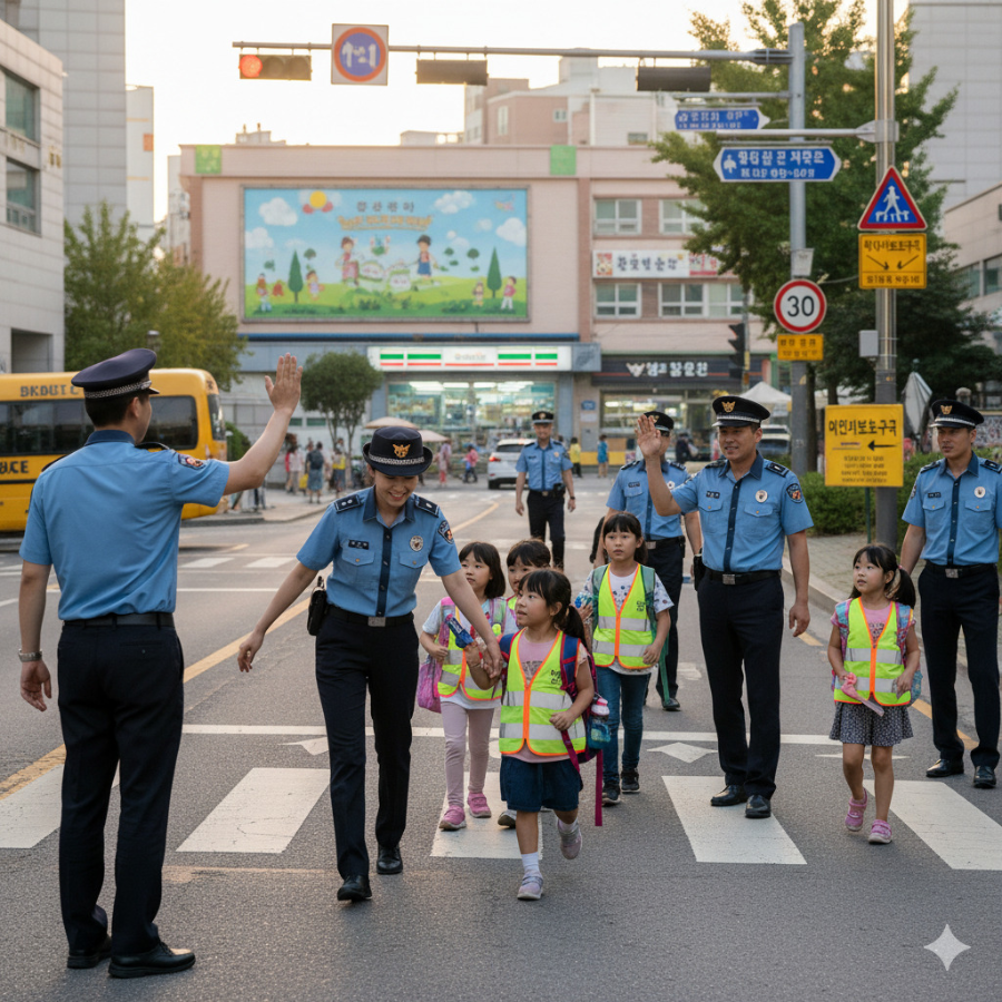아동 유괴 범죄를 막기 위해 전국 초등학교 주변에 무려 5만 5천 명 넘는 경찰 인력을 투입해서 등하굣길을 꼼꼼하게 순찰하는 모습