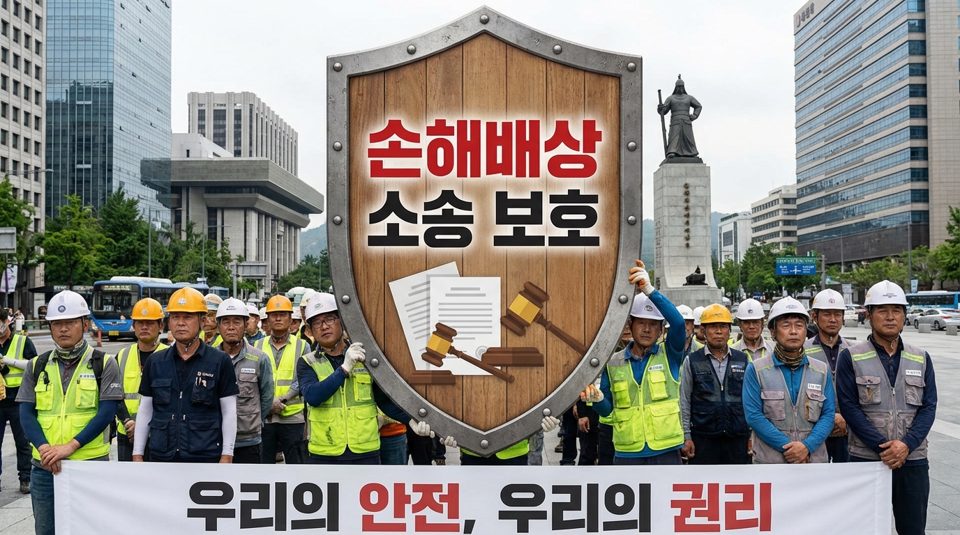 노동자를 손해배상 소송으로부터 보호하는 방패 이미지