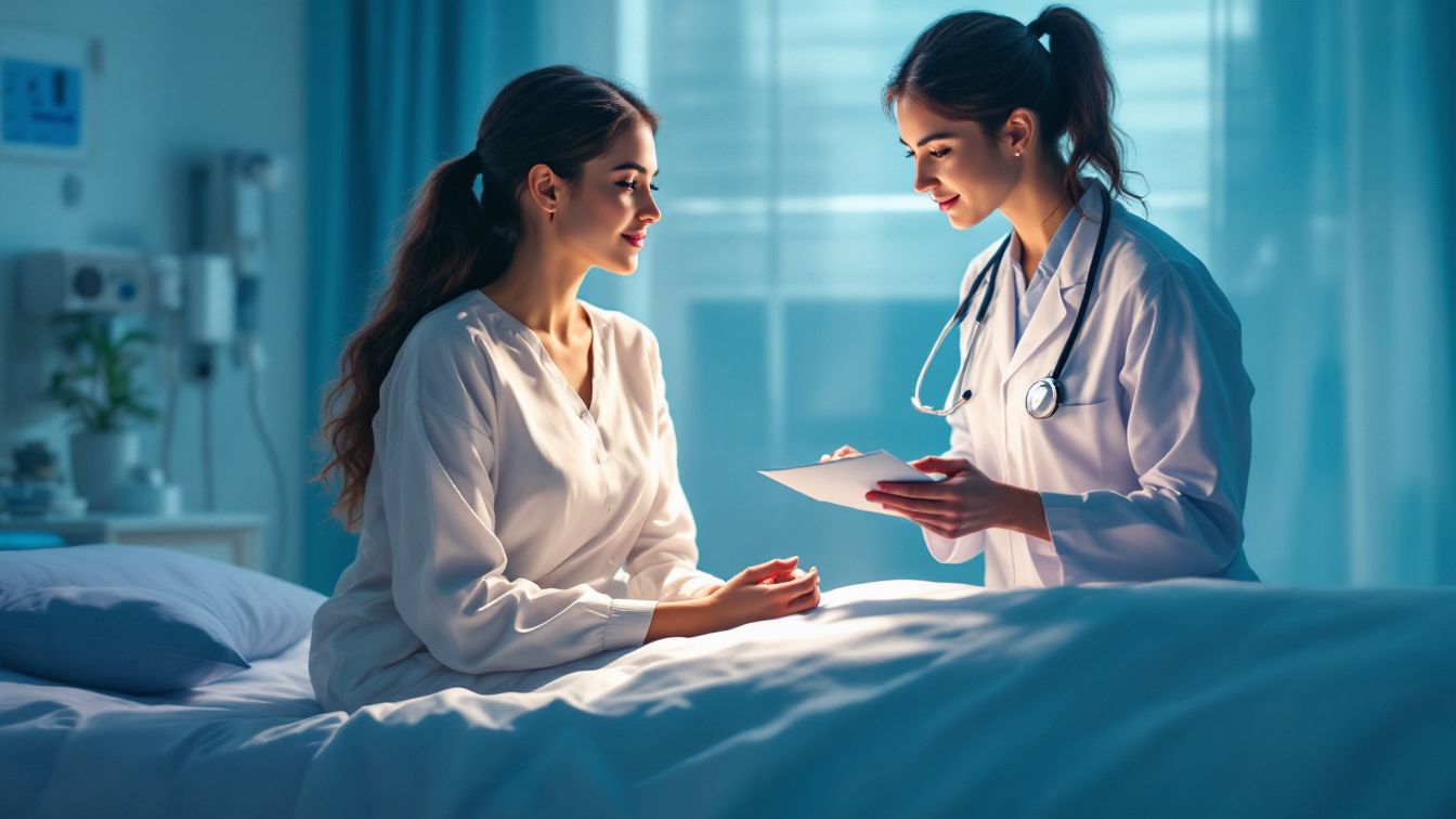 A patient and a nurse (doctor) are in a room.