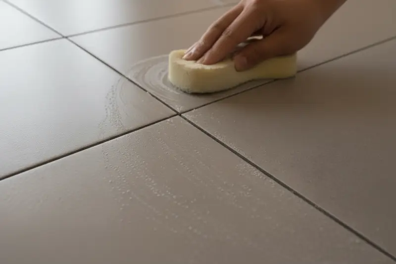 줄눈 시공 후 젖은 스펀지로 타일 표면의 잔여물(헤이즈)을 닦아내는 모습