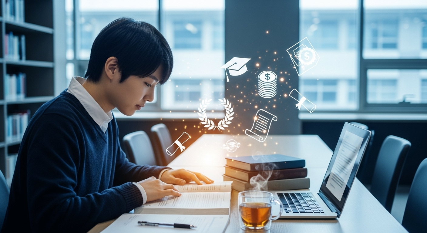 2025년 확대된 국가장학금을 통해 학업에 열중하며 미래를 준비하는 청년 학생.