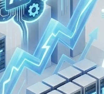 인공지능(AI) 기술의 발전과 이에 따른 전력 및 데이터 센터 인프라의 폭발적인 성장을 시각화한 입체 그래픽 이미지입니다.