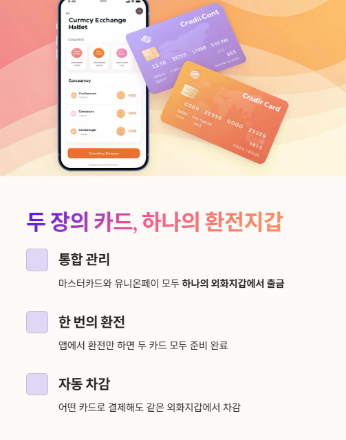 두 장의 카드 하나의 환전 지갑