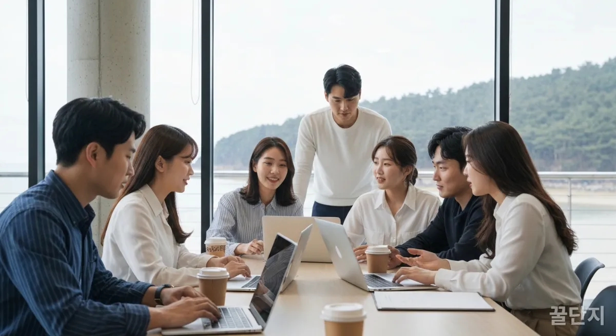 자연 경관이 보이는 코워킹 스페이스에서 워케이션하며 협업하는 젊은 한국인 직장인들