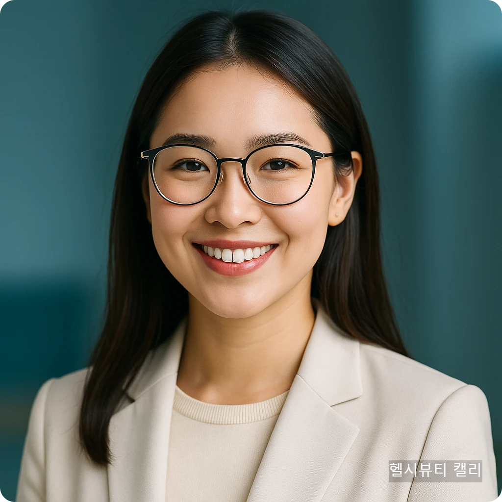밝고 세련된 인상의 안경 쓴 20대 직장여성, 자연광 아래 건강한 미소를 짓는 모습, 프리미엄 썸네일 이미지