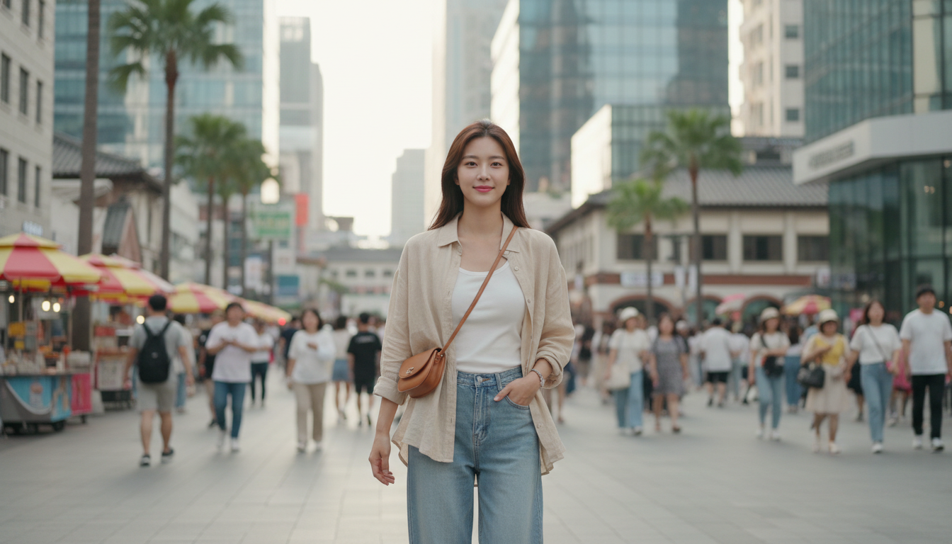 내추럴 베이지 린넨 셔츠와 라이트 블루 와이드 데님을 매치하여 도심 속 여유로운 스타일을 연출한 한국 여성의 모습.