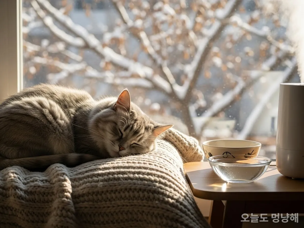 겨울 햇살 아래 따뜻하게 휴식하는 고양이와 겨울철 관리 용품