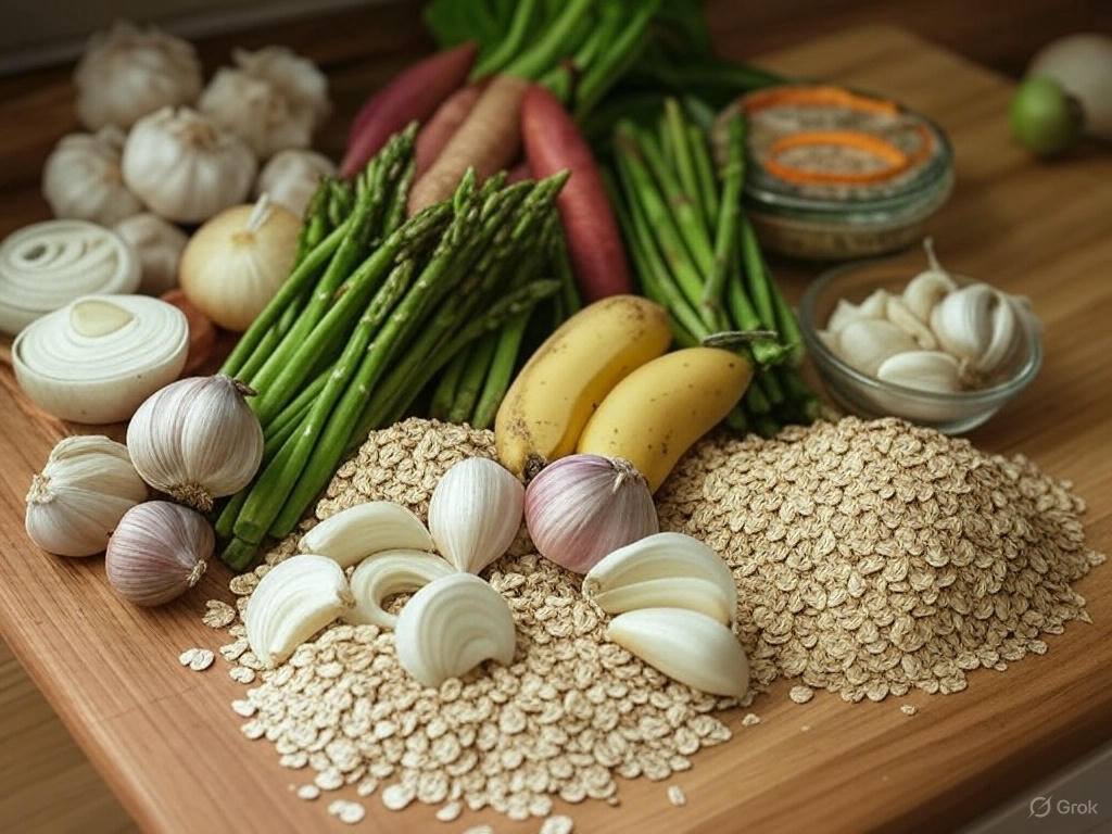 프리바이오틱스가 풍부한 음식:마늘, 양파, 바나나, 아스파라거스, 치커리 뿌리, 귀리, 보리