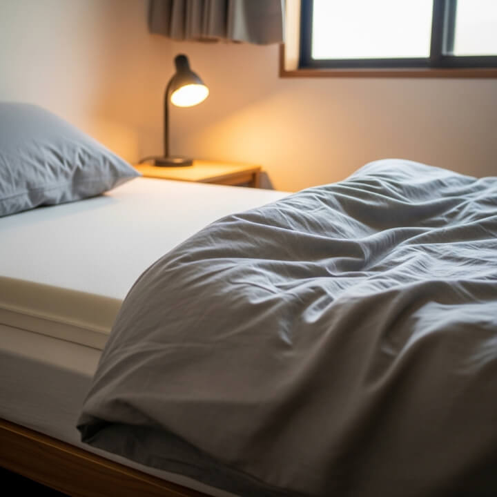 기숙사 침대 위 메모리폼 토퍼와 이불 조명 인테리어