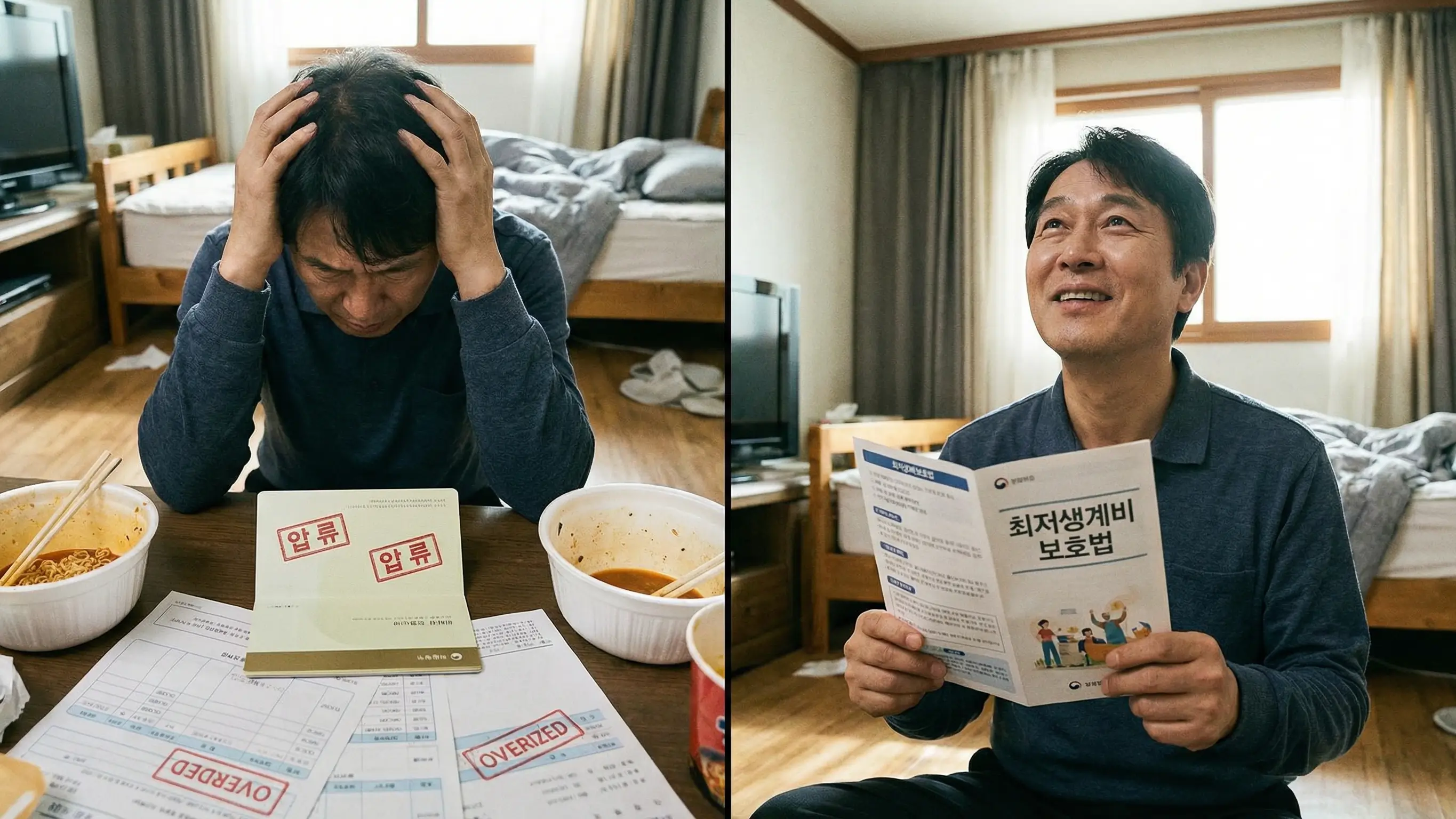 압류된 통장 잔고를 보며 절망하다가 최저생계비 보호법을 알고 희망을 찾는 가장의 모습