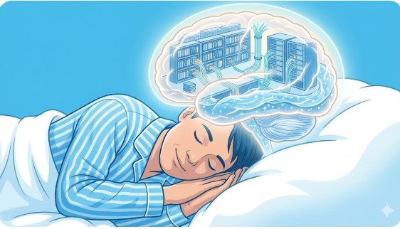 도서관처럼 정리된 뇌와 평온하게 잠든 사람