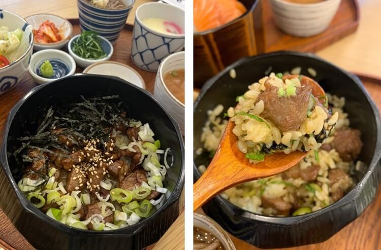 파의 아삭거림과 돼지고기의 달달함, 노른자의 고소함이 더해진 부타동